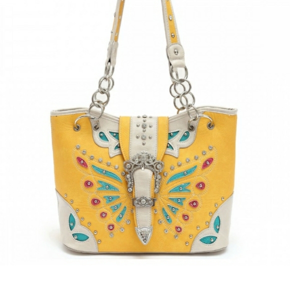 Cowgirl Trendy Handbags - Cowgirl Trendy yellow butterfly satchel purse new
